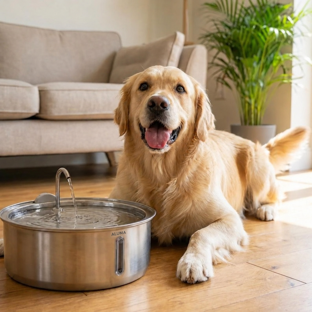 Golden retriever beside an ALUMA fountain