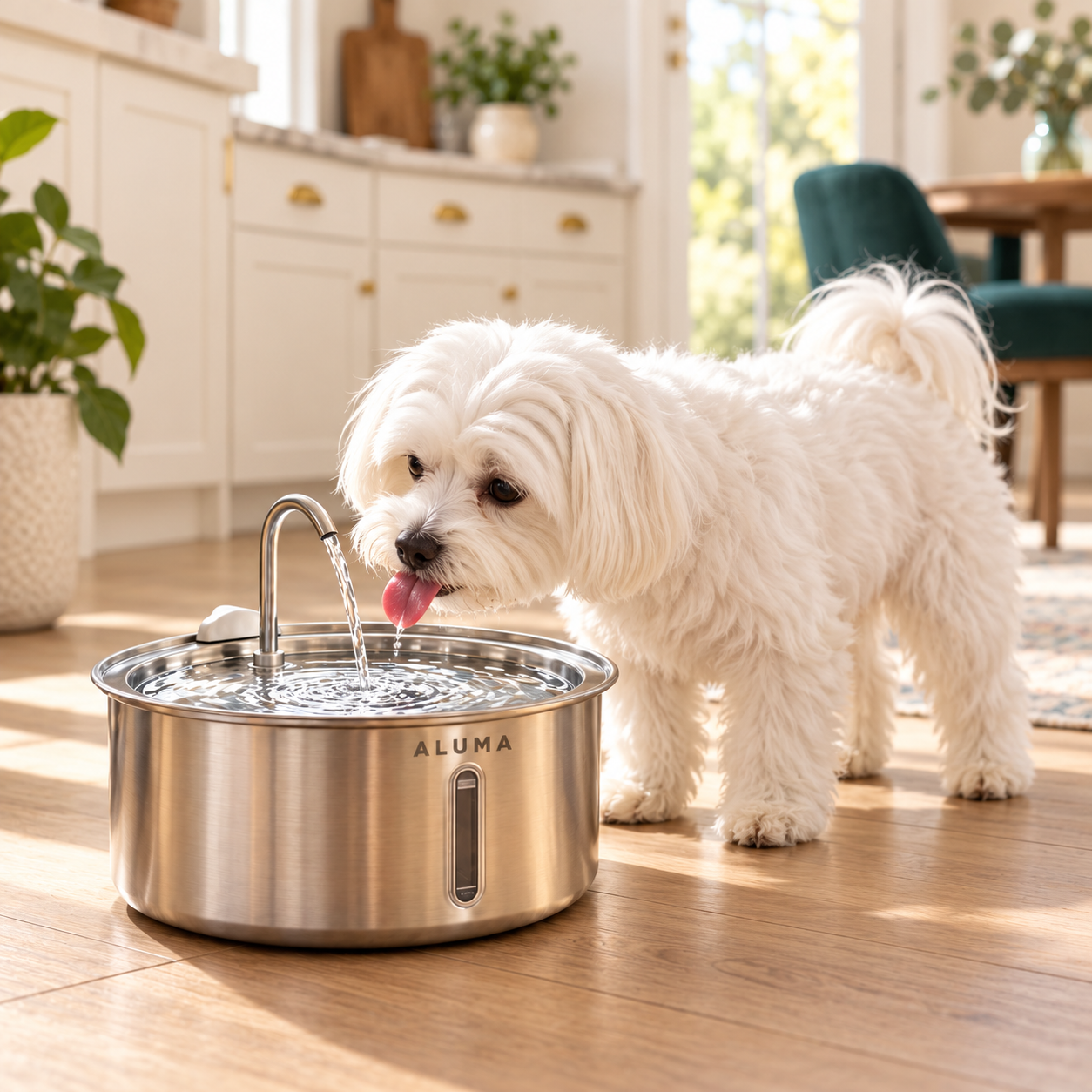 Dog drinking from a stainless steel ALUMA fountain