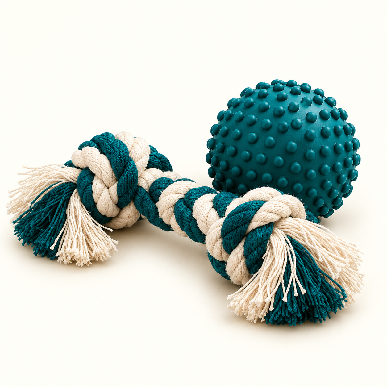 Teal rope toy and textured dog ball
