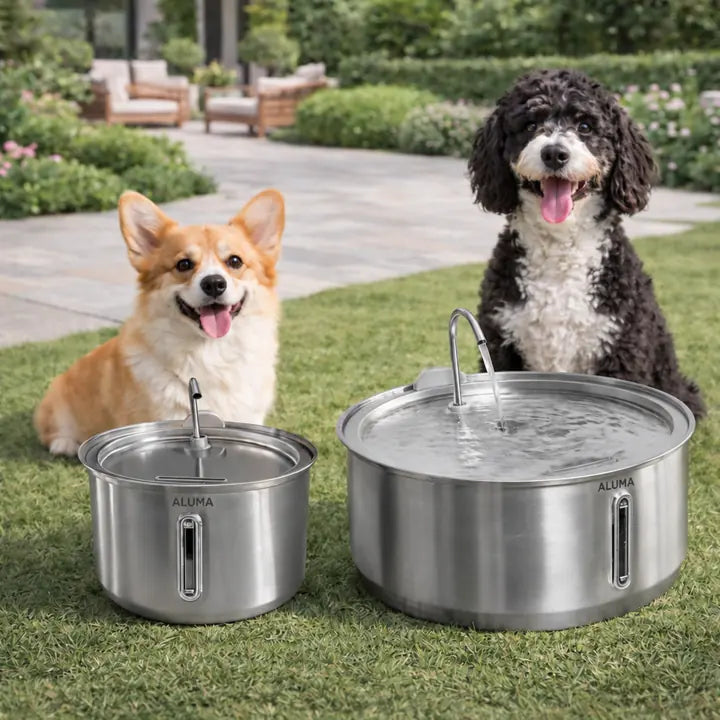 Two dogs with ALUMA fountains outdoors