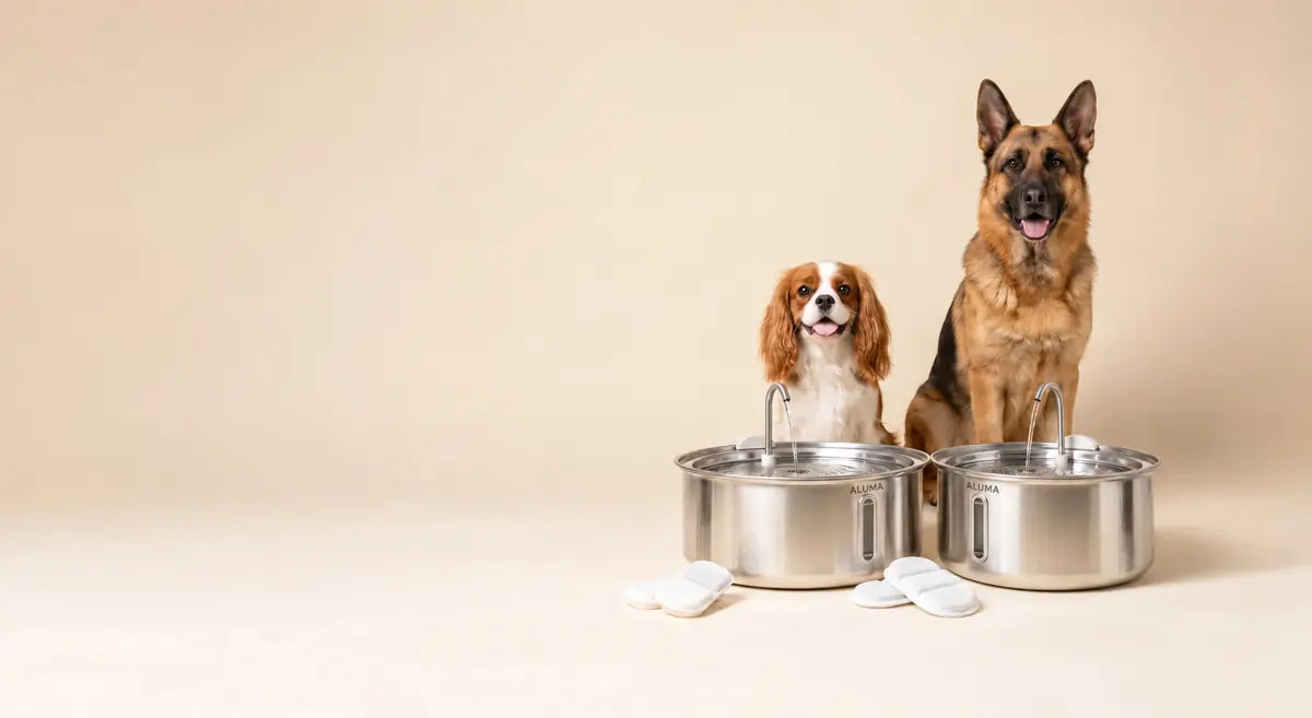 ALUMA stainless steel fountains with two dogs and replacement filters