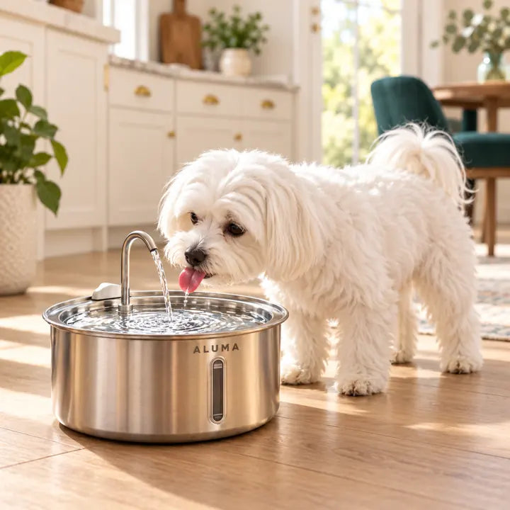 Small dog drinking from an ALUMA fountain